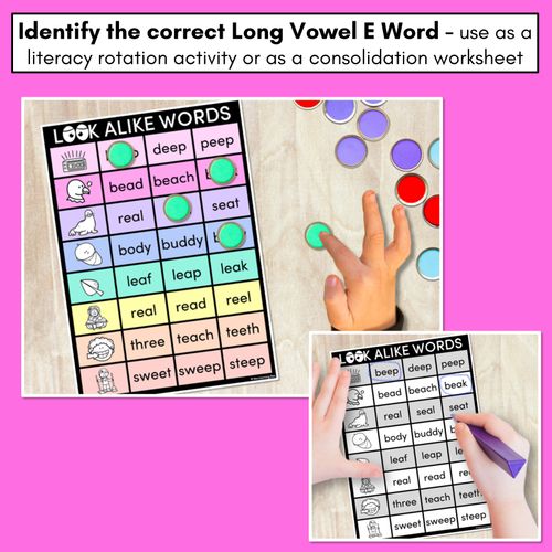 Resource preview 2 for LOOKALIKE WORDS with LONG E Words - LONG VOWEL E Words - Task Cards & Printables