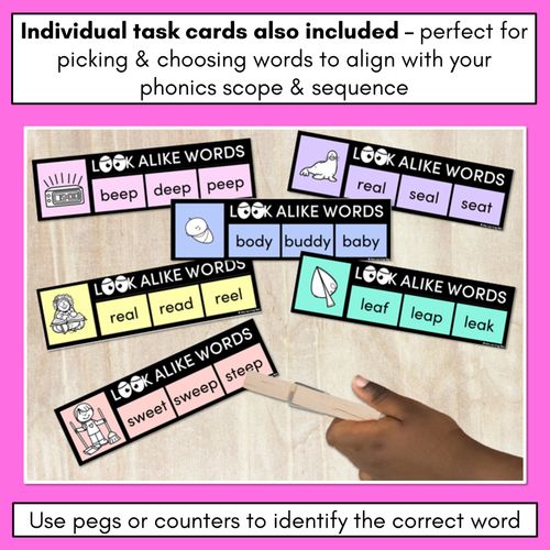 Resource preview 3 for LOOKALIKE WORDS with LONG E Words - LONG VOWEL E Words - Task Cards & Printables