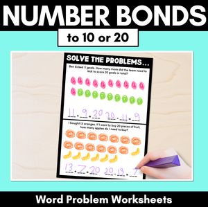 Number Bonds to 10 or 20 - Word Problems for Addition & Subtraction - Worksheets