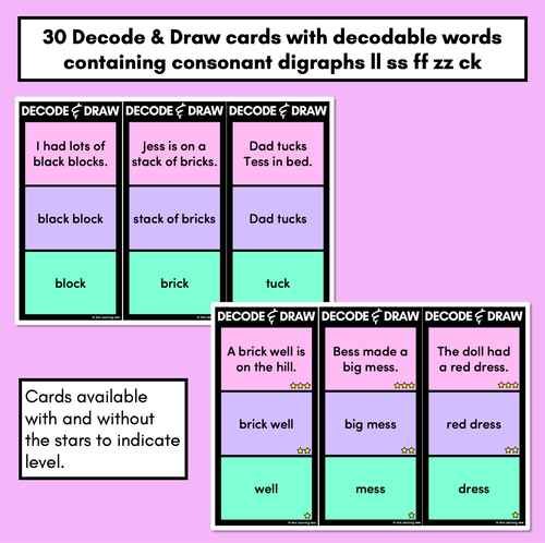 Resource preview 3 for DECODE & DRAW - Consonant Digraphs LL SS FF ZZ CK - Decodable Drawing Phonics Task Cards