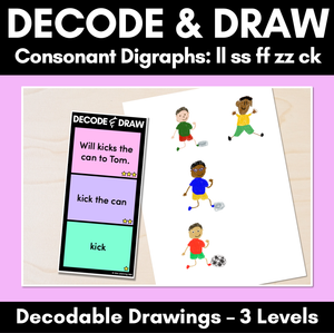 DECODE & DRAW - Consonant Digraphs LL SS FF ZZ CK - Decodable Drawing Phonics Task Cards