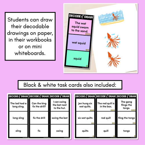 Resource preview 4 for DECODE & DRAW - Consonant Digraphs QU NG + X - Decodable Drawing Phonics Task Cards