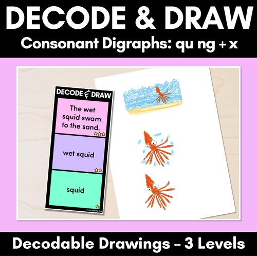 Resource preview 1 for DECODE & DRAW - Consonant Digraphs QU NG + X - Decodable Drawing Phonics Task Cards