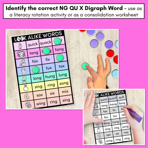 Resource preview 2 for LOOKALIKE WORDS with Digraphs NG QU X Words - Task Cards & Printables