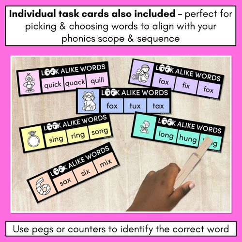 Resource preview 3 for LOOKALIKE WORDS with Digraphs NG QU X Words - Task Cards & Printables