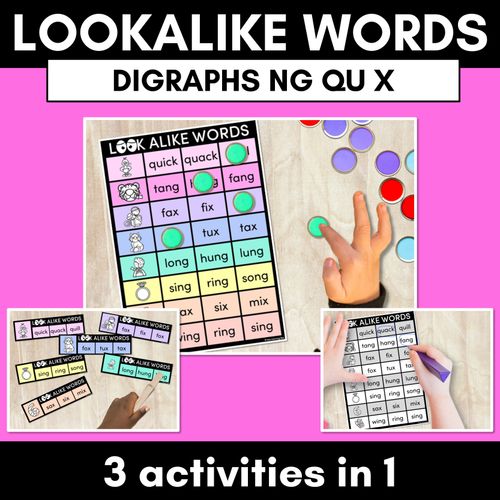 Resource preview 1 for LOOKALIKE WORDS with Digraphs NG QU X Words - Task Cards & Printables