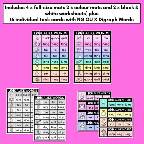 Resource preview 4 for LOOKALIKE WORDS with Digraphs NG QU X Words - Task Cards & Printables