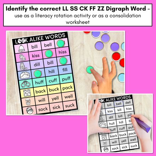 Resource preview 2 for LOOKALIKE WORDS with Digraphs LL SS CK FF ZZ Words - Task Cards & Printables