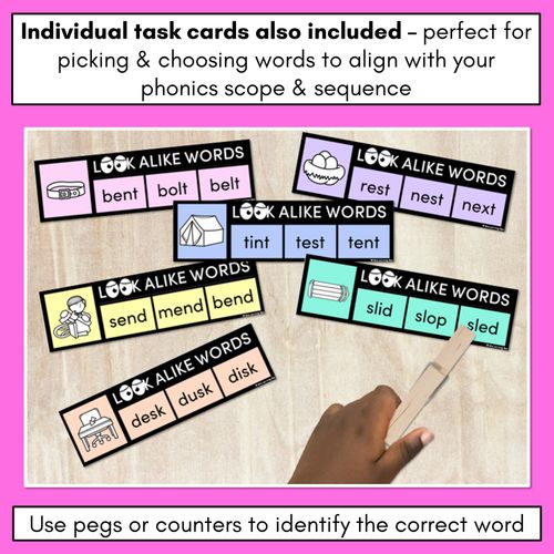 Resource preview 3 for LOOKALIKE WORDS with CVCC CCVC Short E Words - Task Cards & Printables