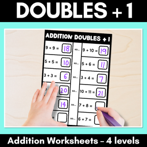 Doubles + 1 Addition Worksheets - 4 Levels