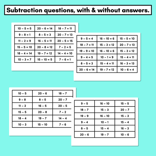 Resource preview 3 for Subtraction Bingo Level 1 - Subtraction from 10 or 20