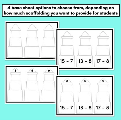 Resource preview 3 for Bridging to 10 Subtraction Worksheets - Build A Sandcastle