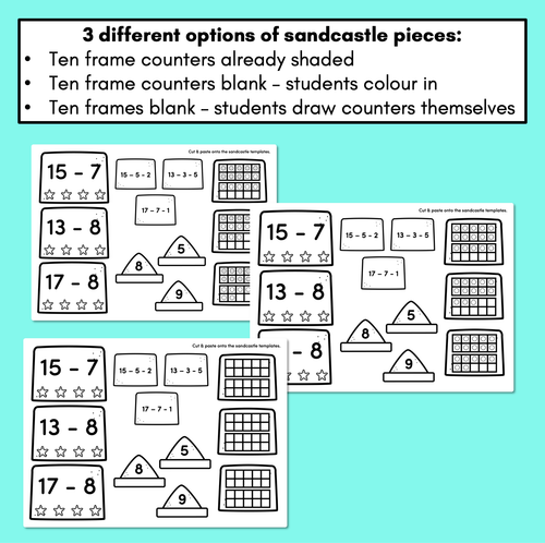 Resource preview 4 for Bridging to 10 Subtraction Worksheets - Build A Sandcastle