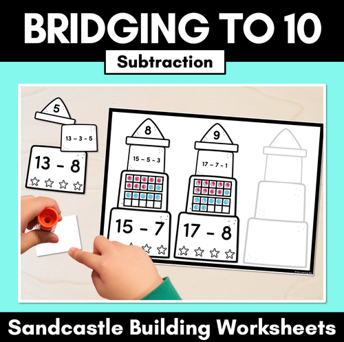 Resource preview 1 for Bridging to 10 Subtraction Worksheets - Build A Sandcastle