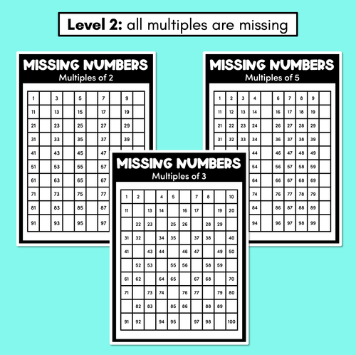 Resource preview 3 for Missing Numbers in Hundred Squares - Multiples of 2, 3 or 5