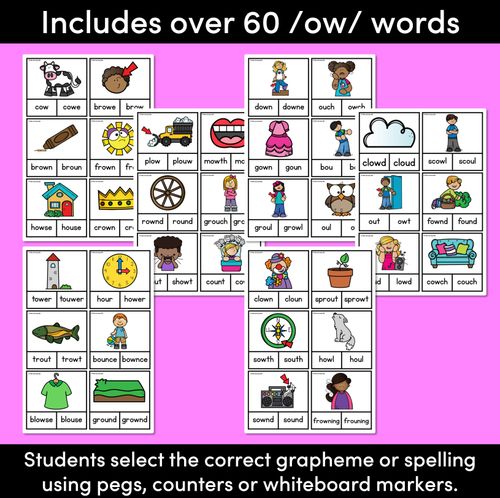 Resource preview 2 for OW OU WORDS CLIP CARDS - Diphthongs Phonics Task Cards