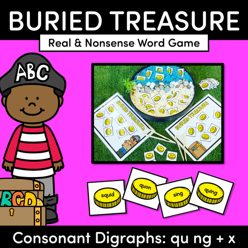 Resource preview 1 for Real and Nonsense Consonant Digraphs QU NG + X Words - Phonics Game - BURIED TREASURE