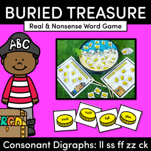 Real and Nonsense Consonant Digraphs LL SS FF ZZ CK Words - Phonics Game - BURIED TREASURE