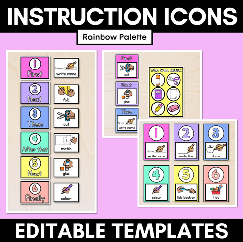 Resource preview 1 for Instructional Icon Editable Templates - Classroom Instructions & Equipment Visuals - RAINBOW PALETTE