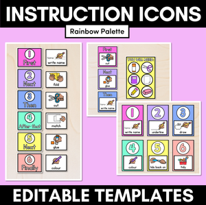 Instructional Icon Editable Templates - Classroom Instructions & Equipment Visuals - RAINBOW PALETTE