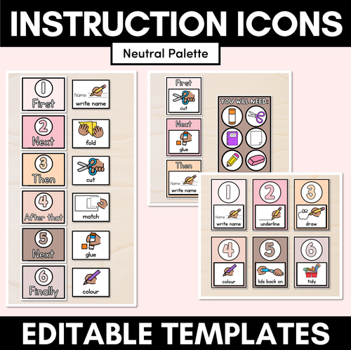 Resource preview 1 for Instructional Icon Editable Templates - Classroom Instructions & Equipment Visuals - NEUTRAL PALETTE