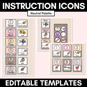 Instructional Icon Editable Templates - Classroom Instructions & Equipment Visuals - NEUTRAL PALETTE