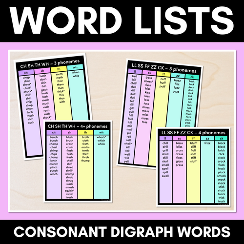 Resource preview 1 for Decodable Word Lists - Consonant Digraphs ch sh th wh ll ss ff zz zz qu ng + x