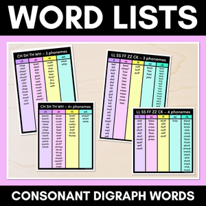 Decodable Word Lists - Consonant Digraphs ch sh th wh ll ss ff zz zz qu ng + x