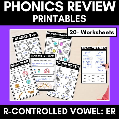 Resource preview 1 for R-Controlled ER IR OR UR Worksheets - PHONICS REVIEW for R-Controlled Vowel Sounds