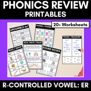 R-Controlled ER IR OR UR Worksheets - PHONICS REVIEW for R-Controlled Vowel Sounds