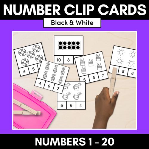 Resource preview 1 for Number Clip Cards 1-20 for Kindergarten - Black & White Pack