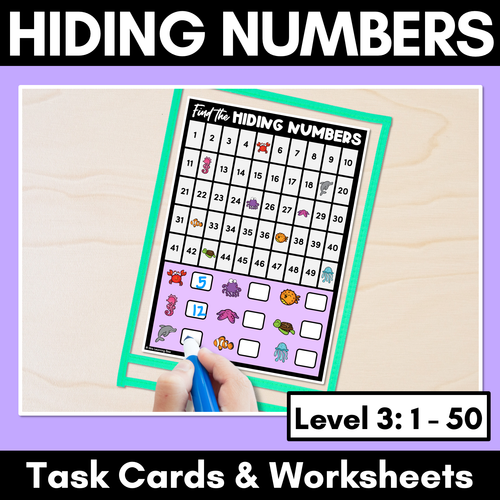 Resource preview 1 for Find the Hidden Numbers - 1-50 - Level 3 Task Cards & Worksheets