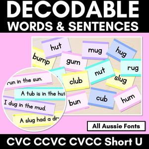 CVC CVCC CCVC Short U Decodable Words and Sentence Cards