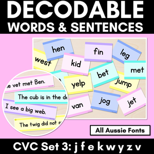 CVC CVCC CCVC Decodable Words and Sentence Cards - Set 3 - j f e k w y z v