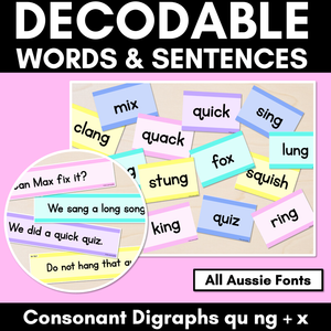 Consonant Digraphs QU NG + X Decodable Words and Sentence Cards