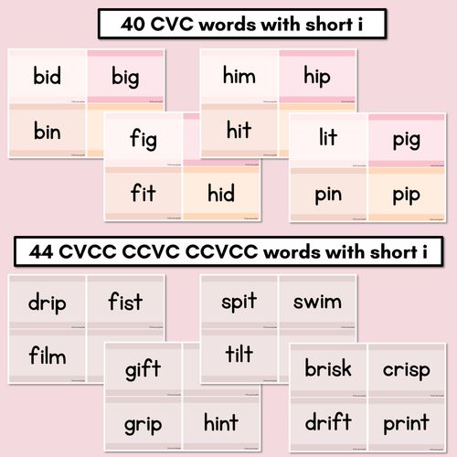 Resource preview 2 for Neutral CVC CVCC CCVC Short I Decodable Words and Sentence Cards