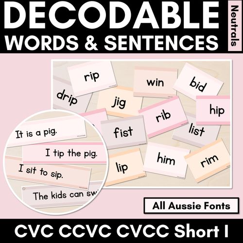 Resource preview 1 for Neutral CVC CVCC CCVC Short I Decodable Words and Sentence Cards