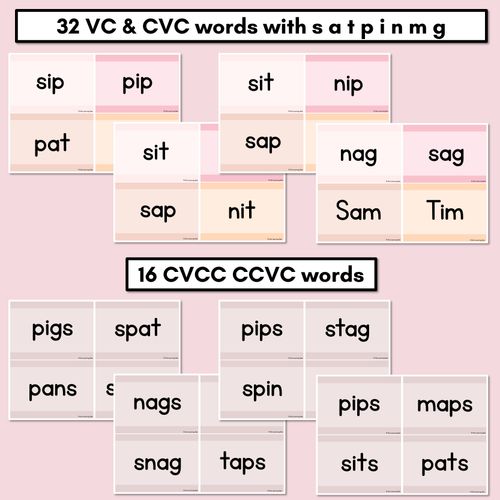 Resource preview 2 for Neutral CVC CVCC CCVC Decodable Words and Sentence Cards - Set 1 - s a t p i n m g