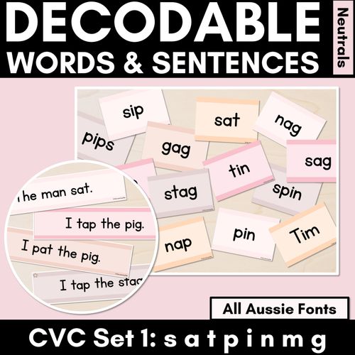 Resource preview 1 for Neutral CVC CVCC CCVC Decodable Words and Sentence Cards - Set 1 - s a t p i n m g