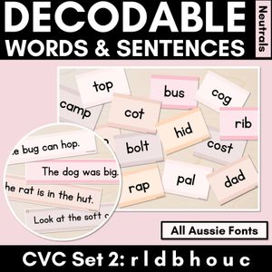 Neutral CVC CVCC CCVC Decodable Words and Sentence Cards - Set 2 - r l d b h o u c