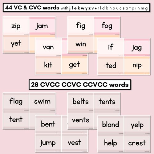 Resource preview 2 for Neutral CVC CVCC CCVC Decodable Words and Sentence Cards - Set 3 - j f e k w y z v