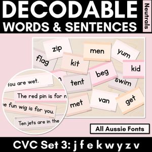 Neutral CVC CVCC CCVC Decodable Words and Sentence Cards - Set 3 - j f e k w y z v