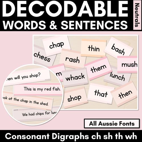 Resource preview 1 for Neutral Consonant Digraphs CH SH TH WH Decodable Words and Sentence Cards