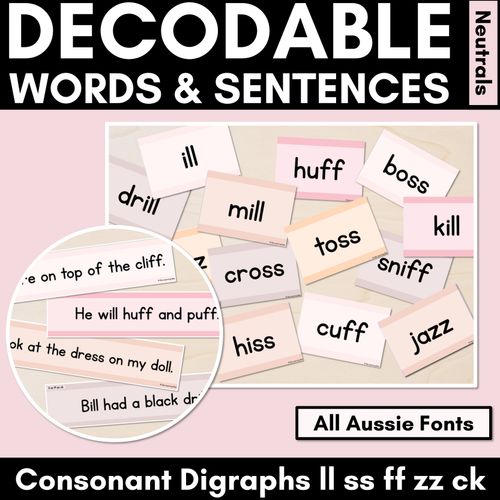 Resource preview 1 for Neutral Consonant Digraphs LL SS FF ZZ CK Decodable Words and Sentence Cards