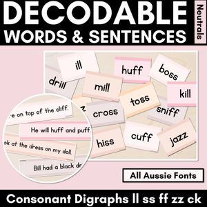 Neutral Consonant Digraphs LL SS FF ZZ CK Decodable Words and Sentence Cards