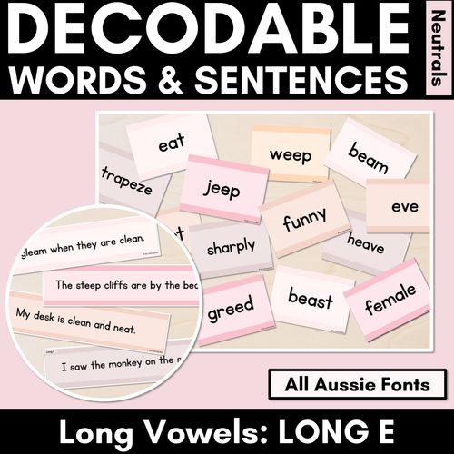 Resource preview 1 for Neutral Long Vowel E Decodable Words and Sentence Cards