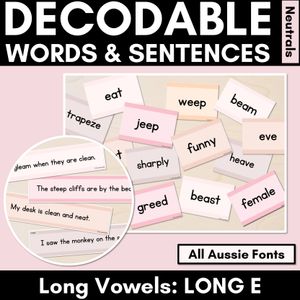 Neutral Long Vowel E Decodable Words and Sentence Cards