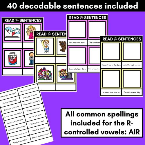 Resource preview 2 for R-Controlled Vowels AIR Phoneme Decodable Sentence Mats - Read & Match