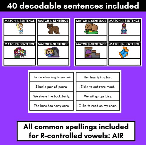 Resource preview 3 for R-Controlled Vowels AIR Phoneme Decodable Sentences - Read & Match