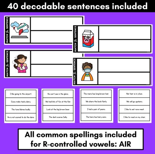Resource preview 2 for R-Controlled Vowels AIR Phoneme Decodable Sentences - Read, Match & Write